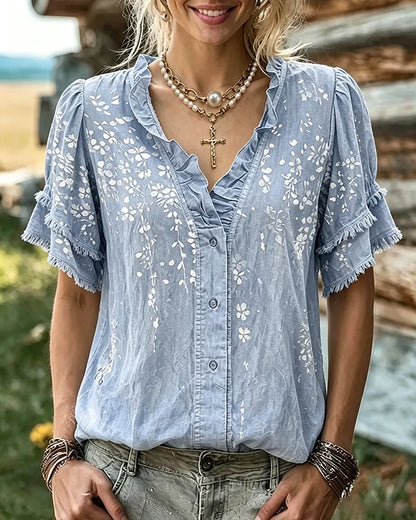🔥2026 HOT SEAL ! ! !🔥100% Cotton Ruffle Trim V Neck Tiered Sleeve Floral Button Front Blouse