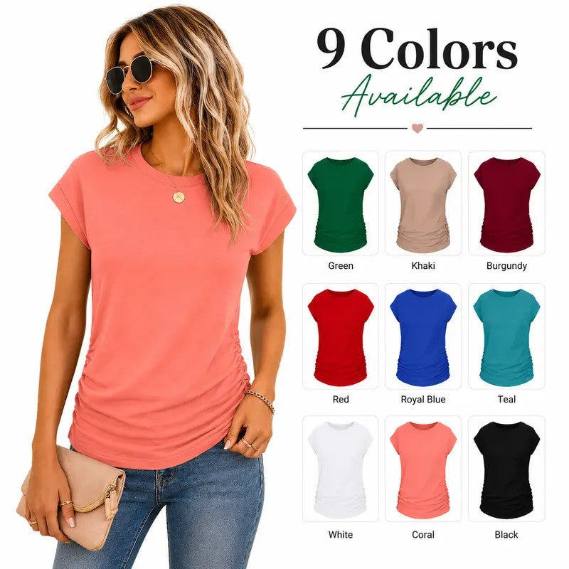 Womens Summer Tops Trendy 2026 Ruched Cap Short Sleeve Tshirts Shirts Crew Neck T Shirts