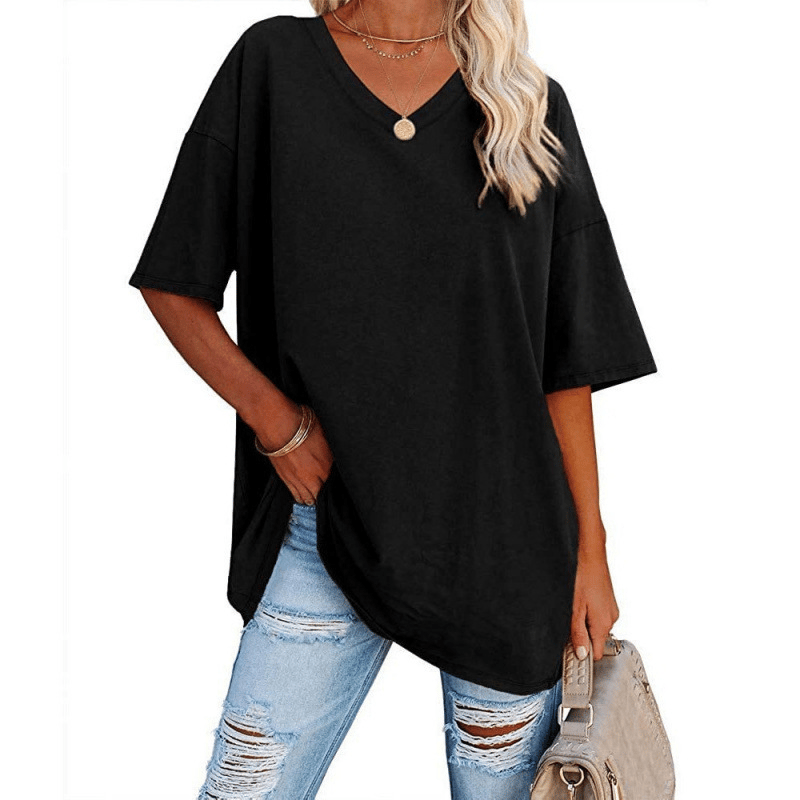 Soft Stretch Cotton Blend Plus Size V-Neck Tees, Oversized Loose Fit Casual Half Sleeve Tunic Shirts, Versatile Basic Wardrobe Staple for Spring Summer Fall Winter