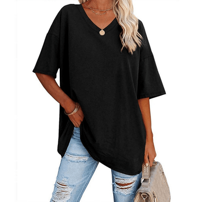 Soft Stretch Cotton Blend Plus Size V-Neck Tees, Oversized Loose Fit Casual Half Sleeve Tunic Shirts, Versatile Basic Wardrobe Staple for Spring Summer Fall Winter