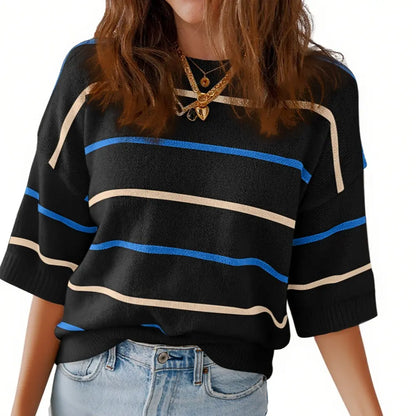 Women's Striped Knit Round Neck Shortsleeve Baggy Pullover 100% Cotton