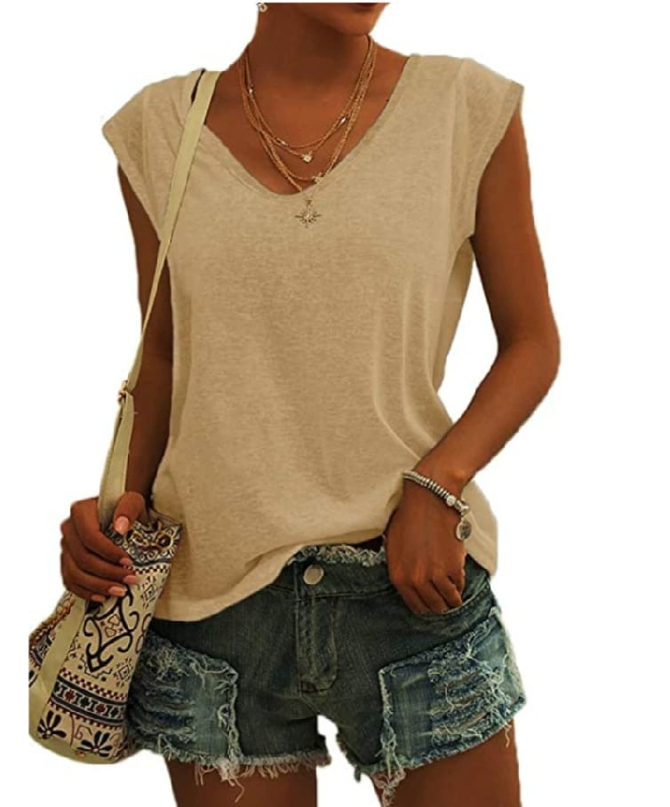 Womens Cap Sleeve Tops V Neck Loose Fit Tshirts