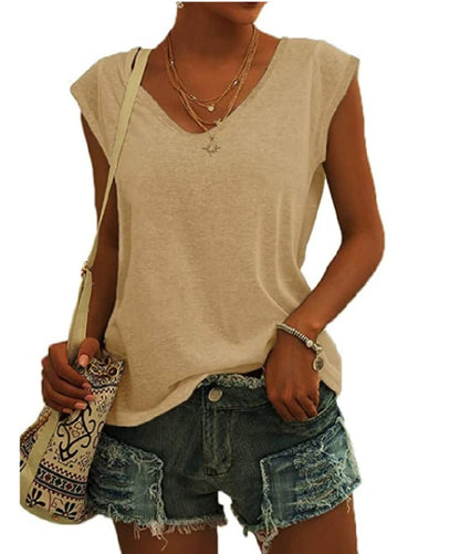 Womens Cap Sleeve Tops V Neck Loose Fit Tshirts