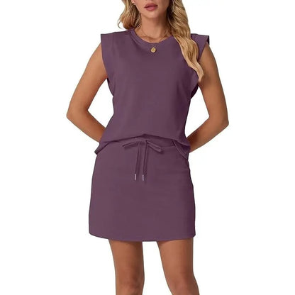 LAST day 49% OFF🔥Women's Summer 2 Piece Skort Set Cap Sleeve Round Neck Top & Tennis Skirt with Pockets for Athletic & Casual