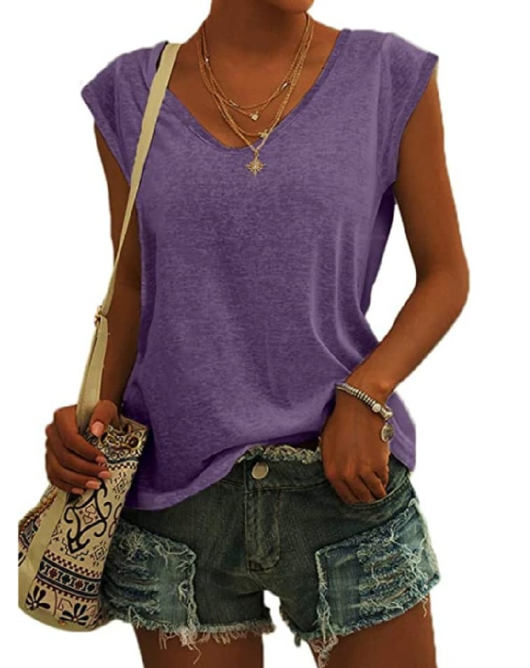 Womens Cap Sleeve Tops V Neck Loose Fit Tshirts