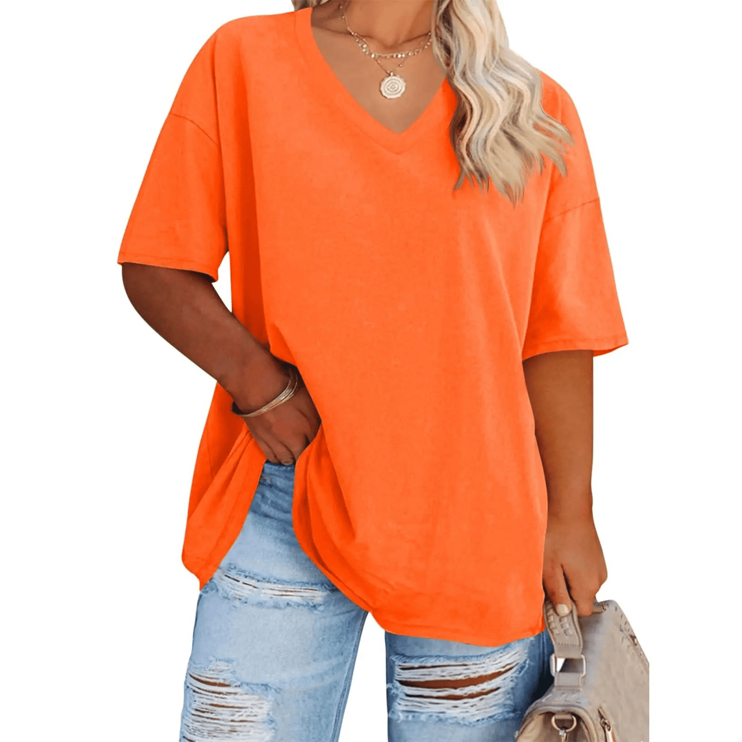Soft Stretch Cotton Blend Plus Size V-Neck Tees, Oversized Loose Fit Casual Half Sleeve Tunic Shirts, Versatile Basic Wardrobe Staple for Spring Summer Fall Winter