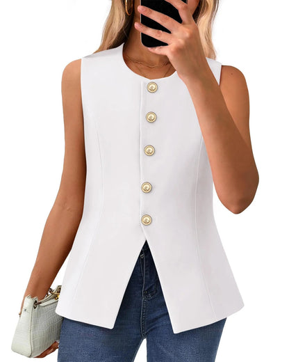 Women's Dressy Button Down Round Neck Sleeveless Blazer Vest