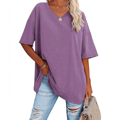 Soft Stretch Cotton Blend Plus Size V-Neck Tees, Oversized Loose Fit Casual Half Sleeve Tunic Shirts, Versatile Basic Wardrobe Staple for Spring Summer Fall Winter