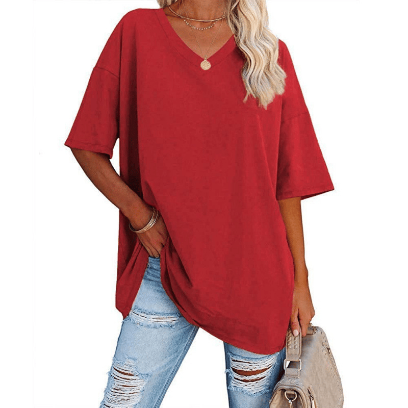 Soft Stretch Cotton Blend Plus Size V-Neck Tees, Oversized Loose Fit Casual Half Sleeve Tunic Shirts, Versatile Basic Wardrobe Staple for Spring Summer Fall Winter