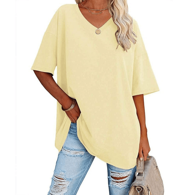 Soft Stretch Cotton Blend Plus Size V-Neck Tees, Oversized Loose Fit Casual Half Sleeve Tunic Shirts, Versatile Basic Wardrobe Staple for Spring Summer Fall Winter