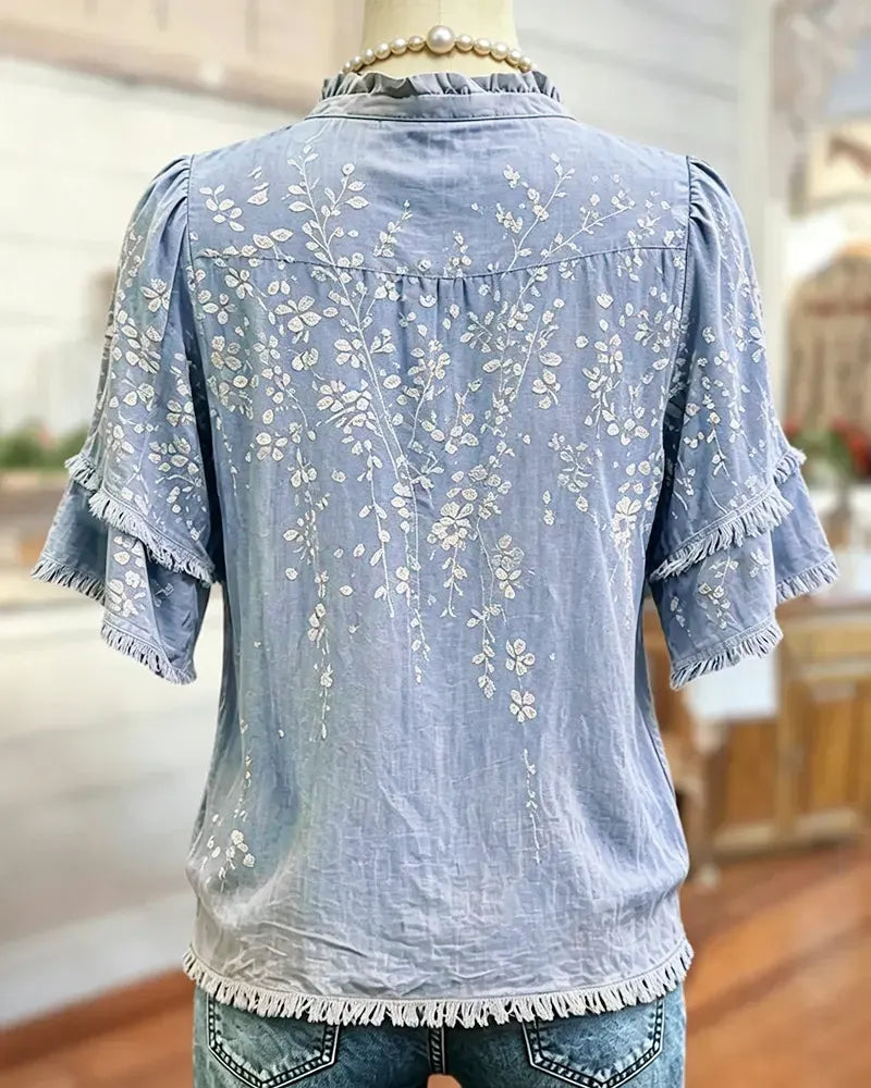 🔥2026 HOT SEAL ! ! !🔥100% Cotton Ruffle Trim V Neck Tiered Sleeve Floral Button Front Blouse