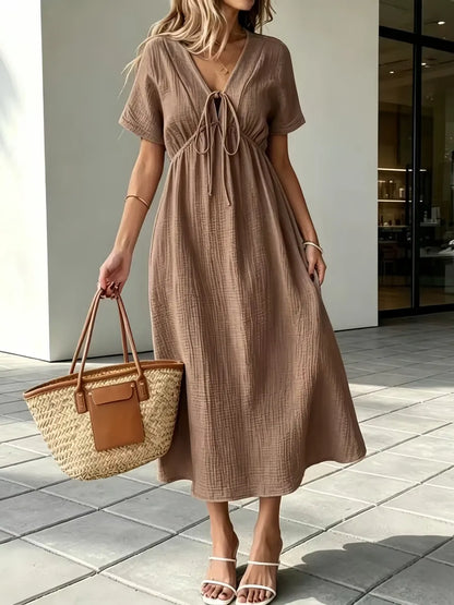 Women'S V-Neck Loose-Fitting Comfortable Long Solid Color Short-Sleeved Dress