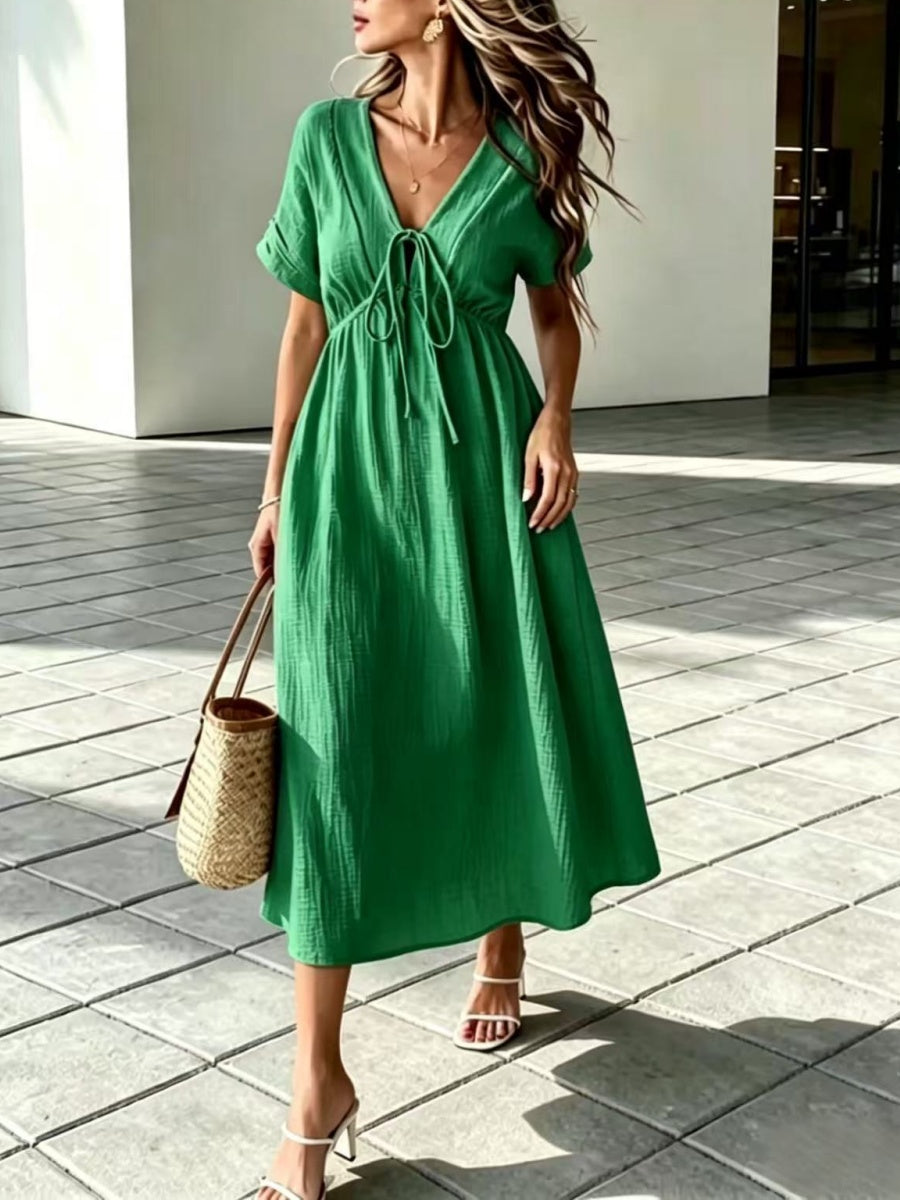 Women'S V-Neck Loose-Fitting Comfortable Long Solid Color Short-Sleeved Dress