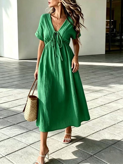 Women'S V-Neck Loose-Fitting Comfortable Long Solid Color Short-Sleeved Dress
