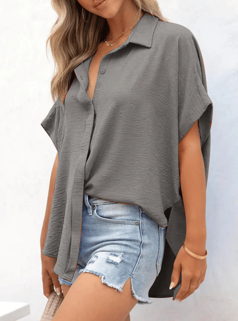 Women's Tops Dressy Casual V Neck Button Down Shirts Solid Short Sleeve Blouses Oversized Fit Batwing Collared Baggy Minimalist Style