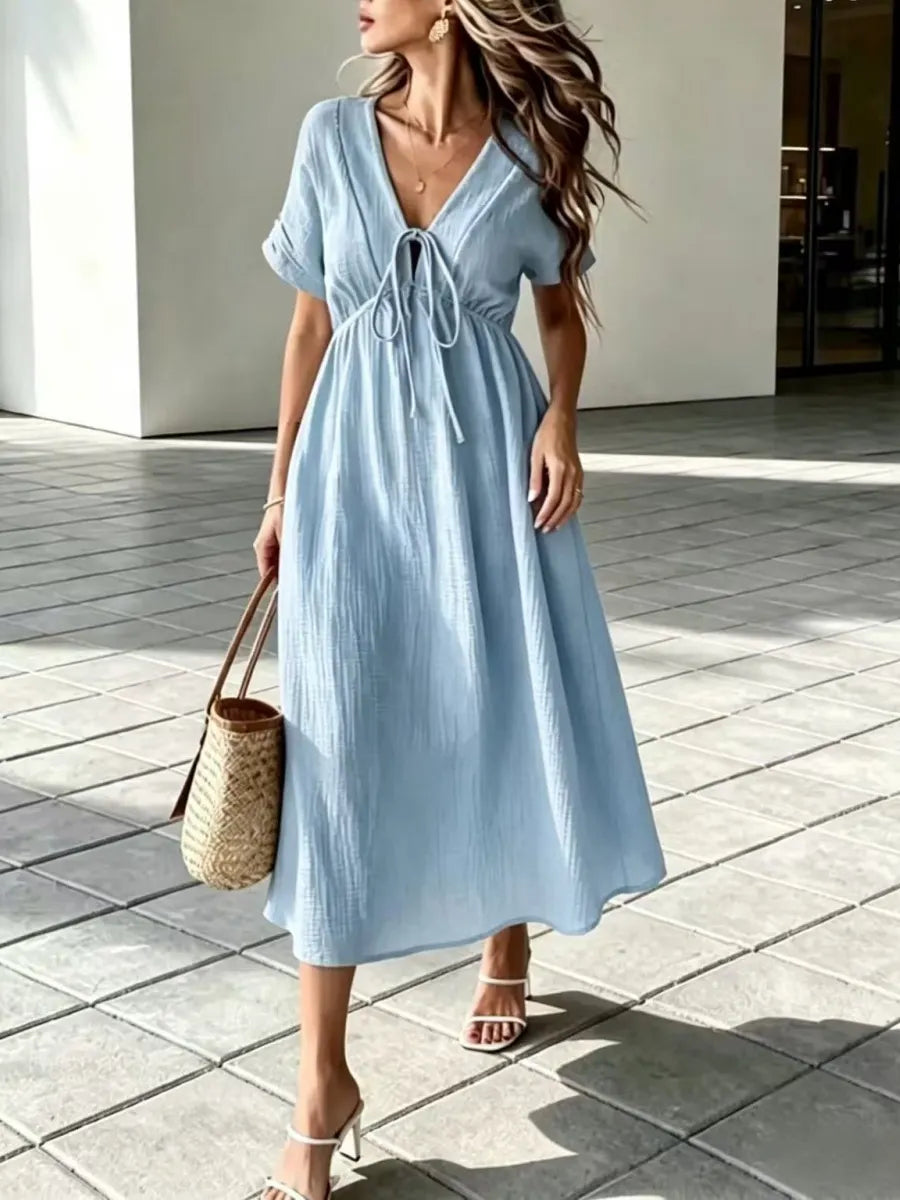 Women'S V-Neck Loose-Fitting Comfortable Long Solid Color Short-Sleeved Dress
