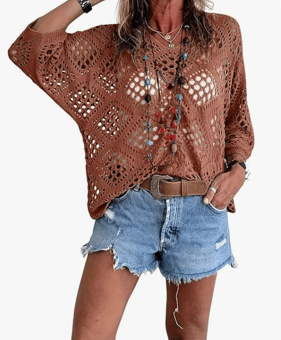 🔥Summer 2026 Best Sellers🔥-Women's Bohemian-Inspired Beige Crochet Top with V-Neck
