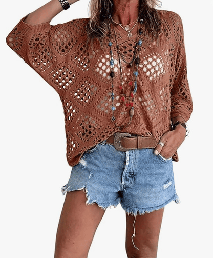 🔥Summer 2026 Best Sellers🔥-Women's Bohemian-Inspired Beige Crochet Top with V-Neck