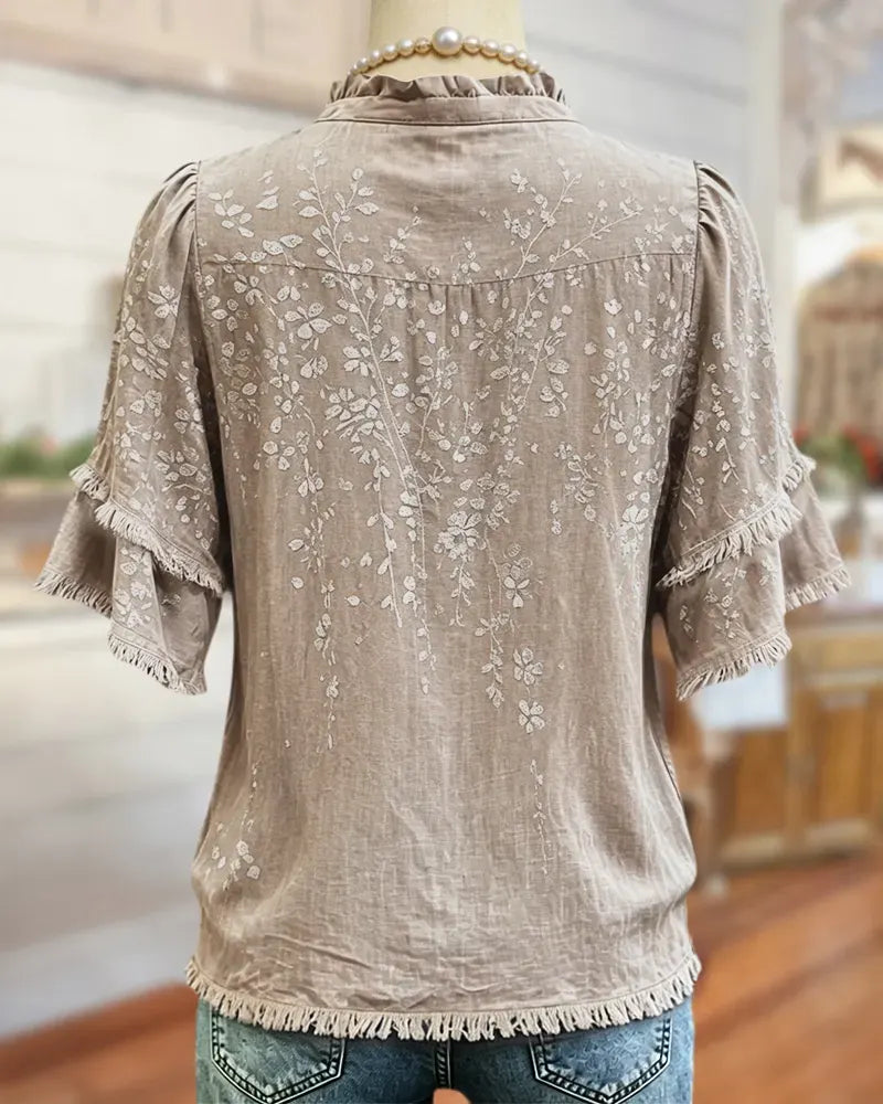 🔥2026 HOT SEAL ! ! !🔥100% Cotton Ruffle Trim V Neck Tiered Sleeve Floral Button Front Blouse