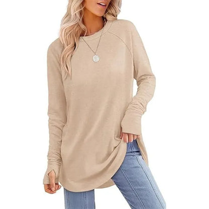 Womens Tunic Tops to Wear with Leggings Long Sleeve Thumb Crew Neck Curved Hem