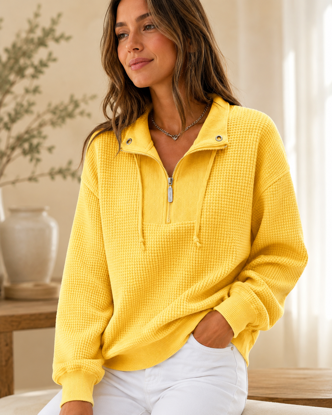 Waffle half-zip pullover with relaxed fit