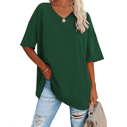 Soft Stretch Cotton Blend Plus Size V-Neck Tees, Oversized Loose Fit Casual Half Sleeve Tunic Shirts, Versatile Basic Wardrobe Staple for Spring Summer Fall Winter