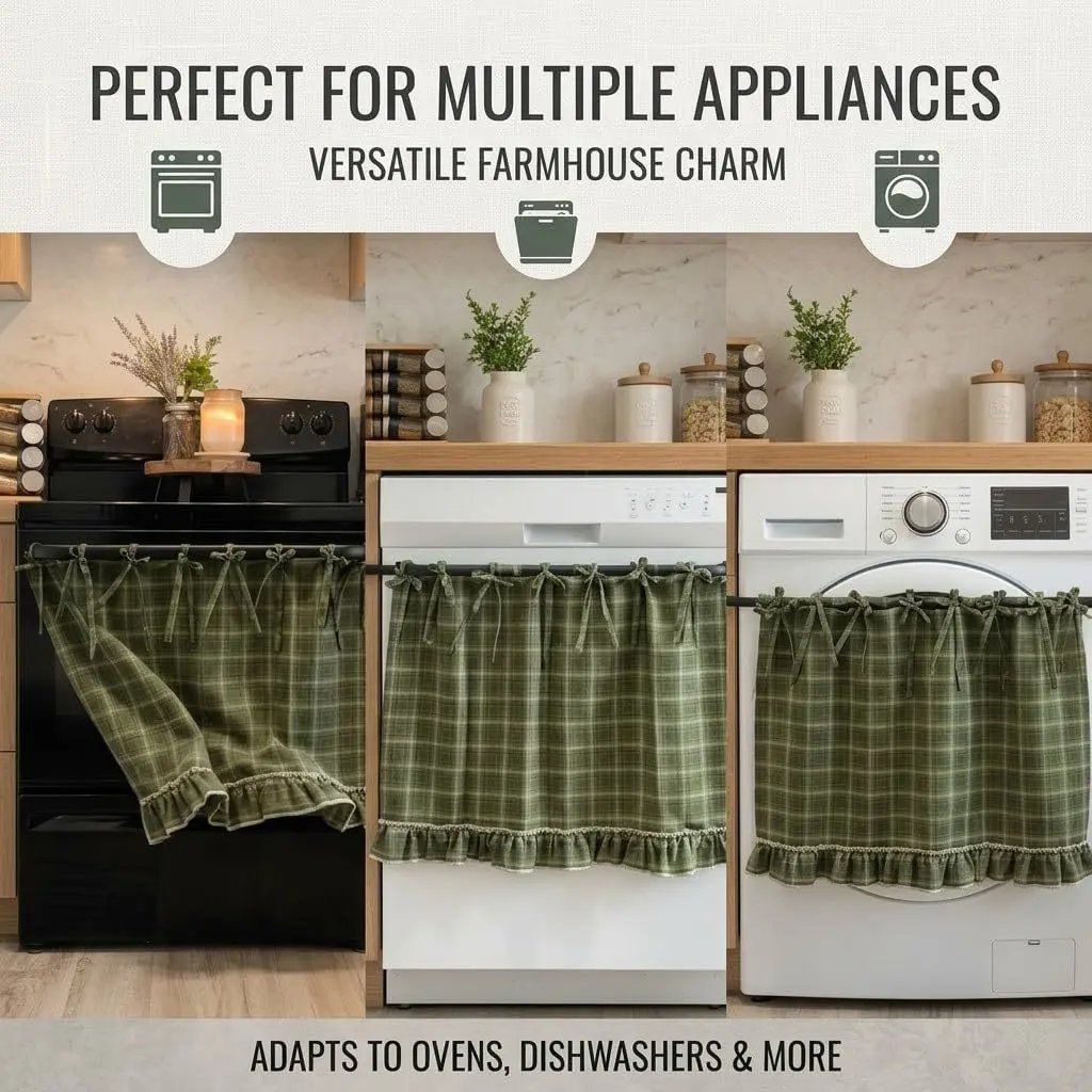 Gingham Plaid Oven Skirt Cover-Double Sided Thick Fabric for Cottagecore Kitchen Home Decor