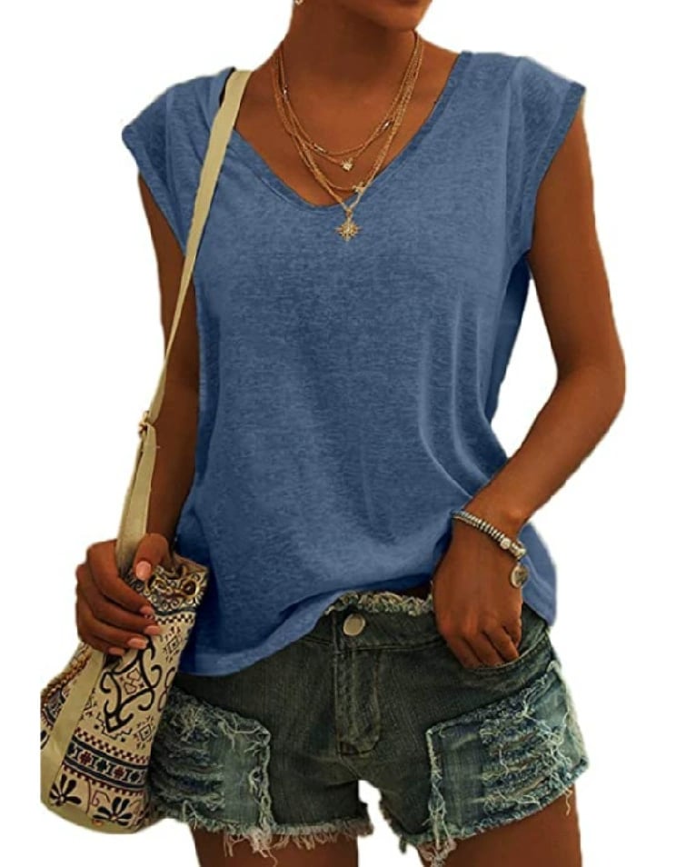 Womens Cap Sleeve Tops V Neck Loose Fit Tshirts