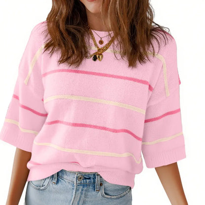 Women's Striped Knit Round Neck Shortsleeve Baggy Pullover 100% Cotton