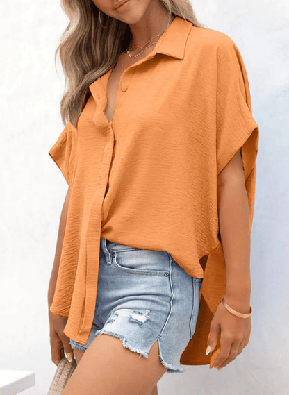 Women's Tops Dressy Casual V Neck Button Down Shirts Solid Short Sleeve Blouses Oversized Fit Batwing Collared Baggy Minimalist Style