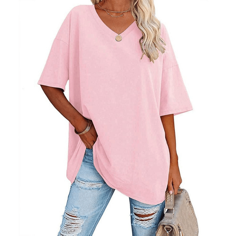 Soft Stretch Cotton Blend Plus Size V-Neck Tees, Oversized Loose Fit Casual Half Sleeve Tunic Shirts, Versatile Basic Wardrobe Staple for Spring Summer Fall Winter