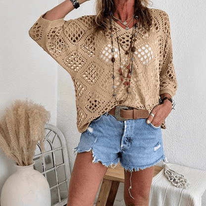 🔥Summer 2026 Best Sellers🔥-Women's Bohemian-Inspired Beige Crochet Top with V-Neck
