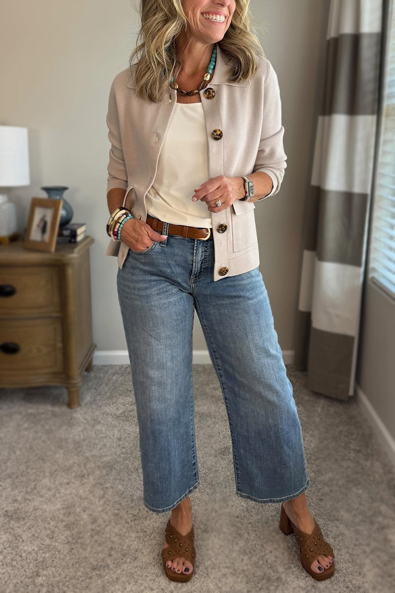 Women's beige casual lapel cotton pocket jacket full outfit