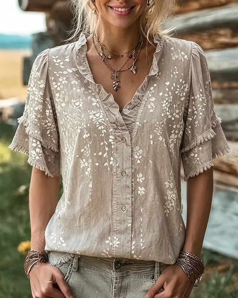 Floral ruffle V-neck blouse styled with denim
