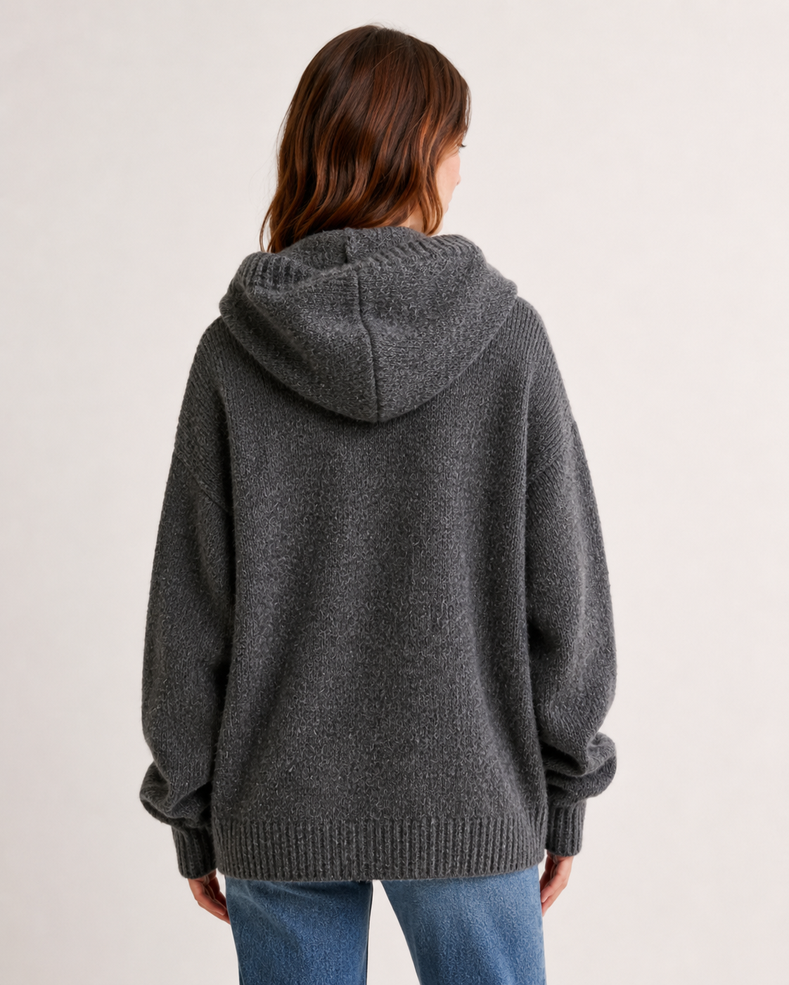 Related green hooded button-front knit cardigan styling reference