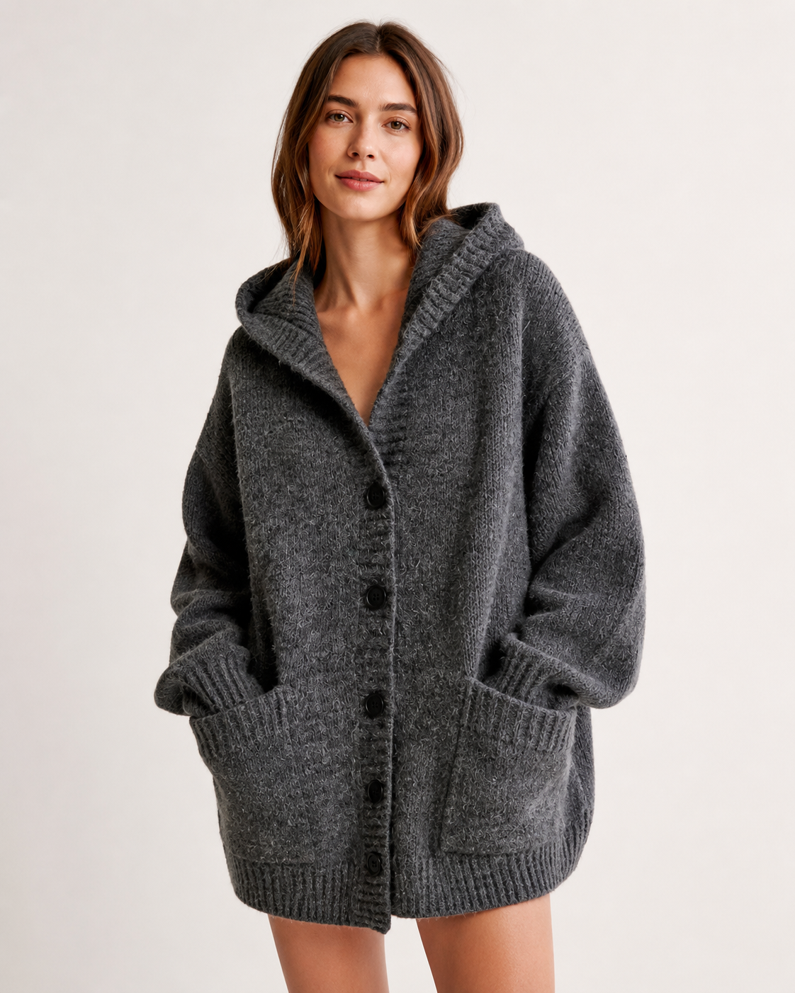 Related charcoal hooded button-front knit cardigan styling reference