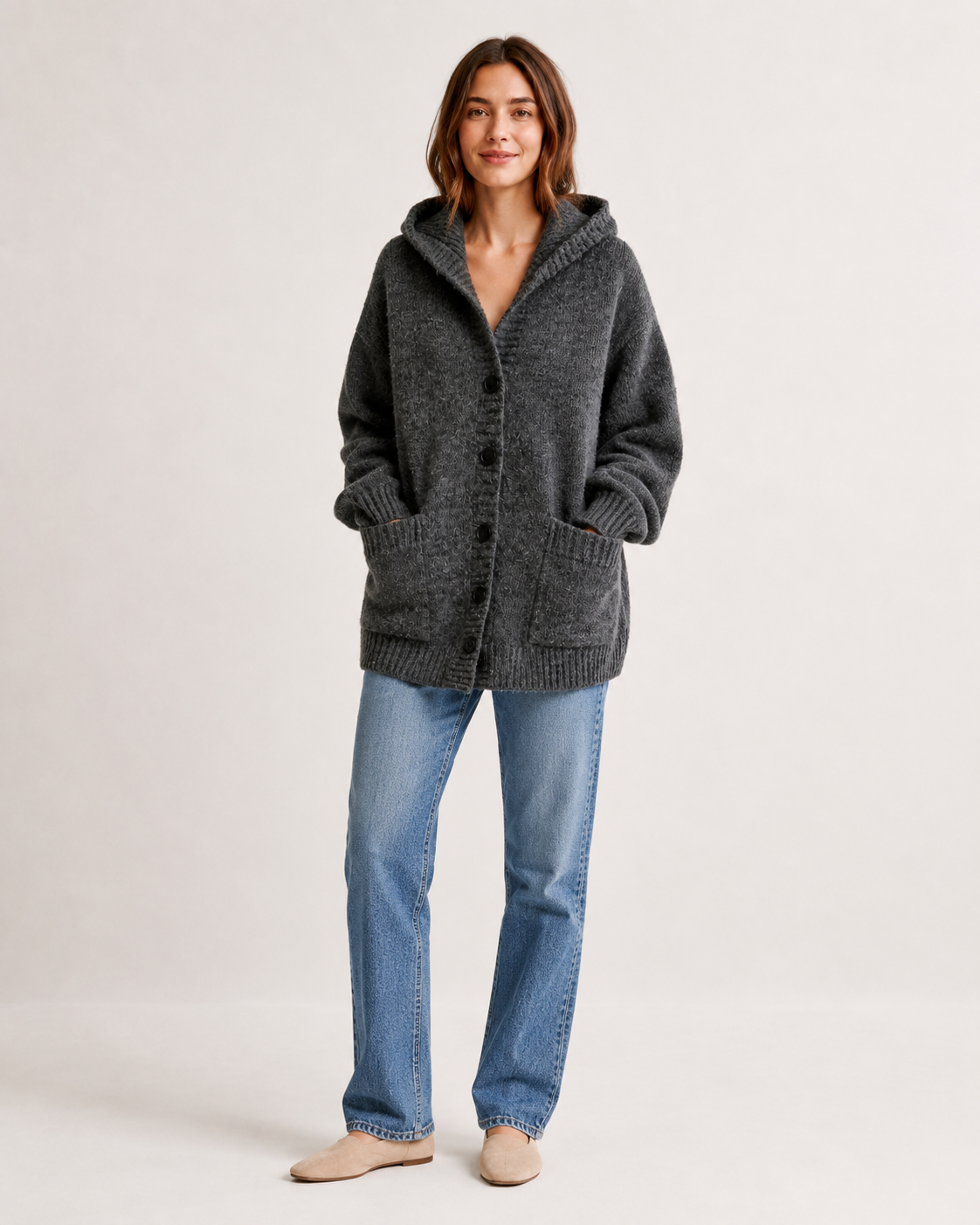 Related gray hooded button-front knit cardigan styling reference