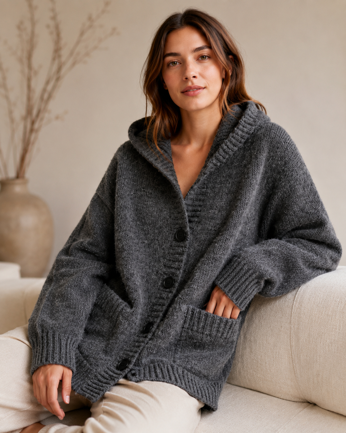 Related white hooded button-front knit cardigan styling reference