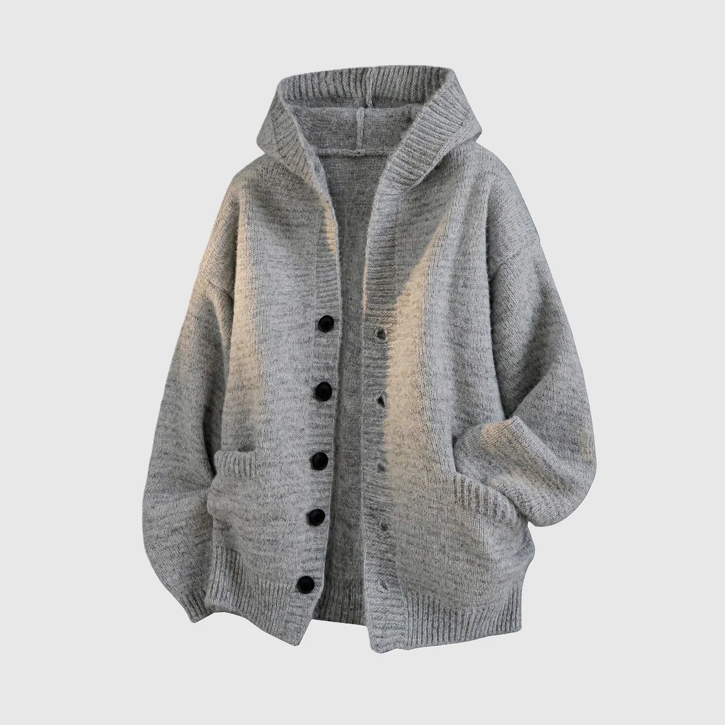 Gray hooded button-front knit cardigan