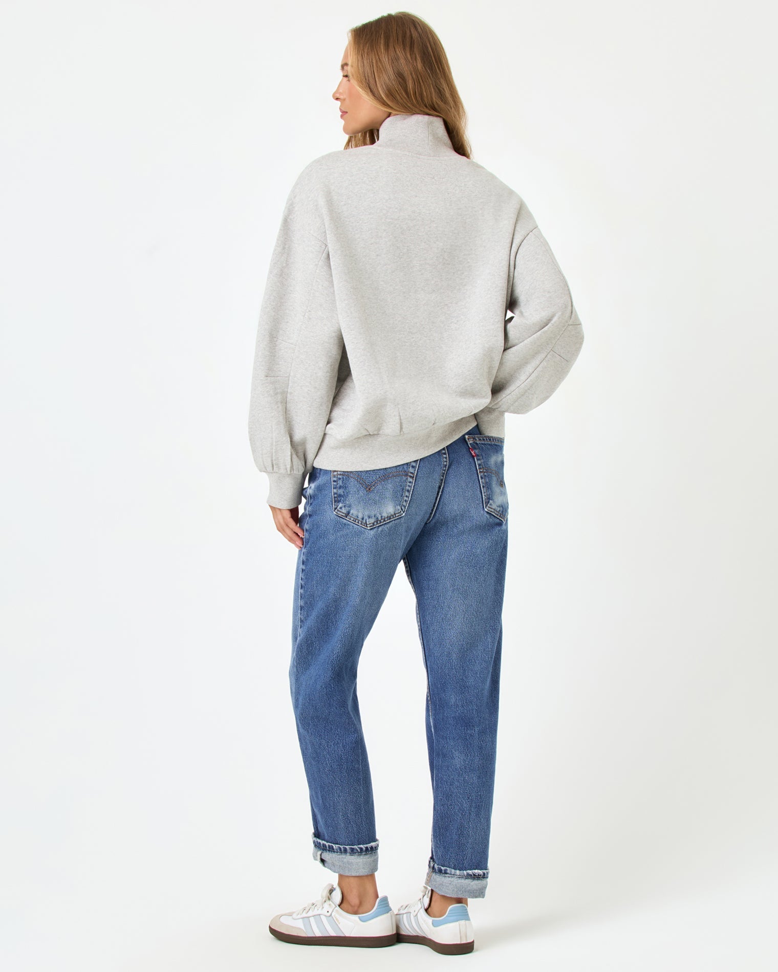 Gray high-neck sweatshirt back view