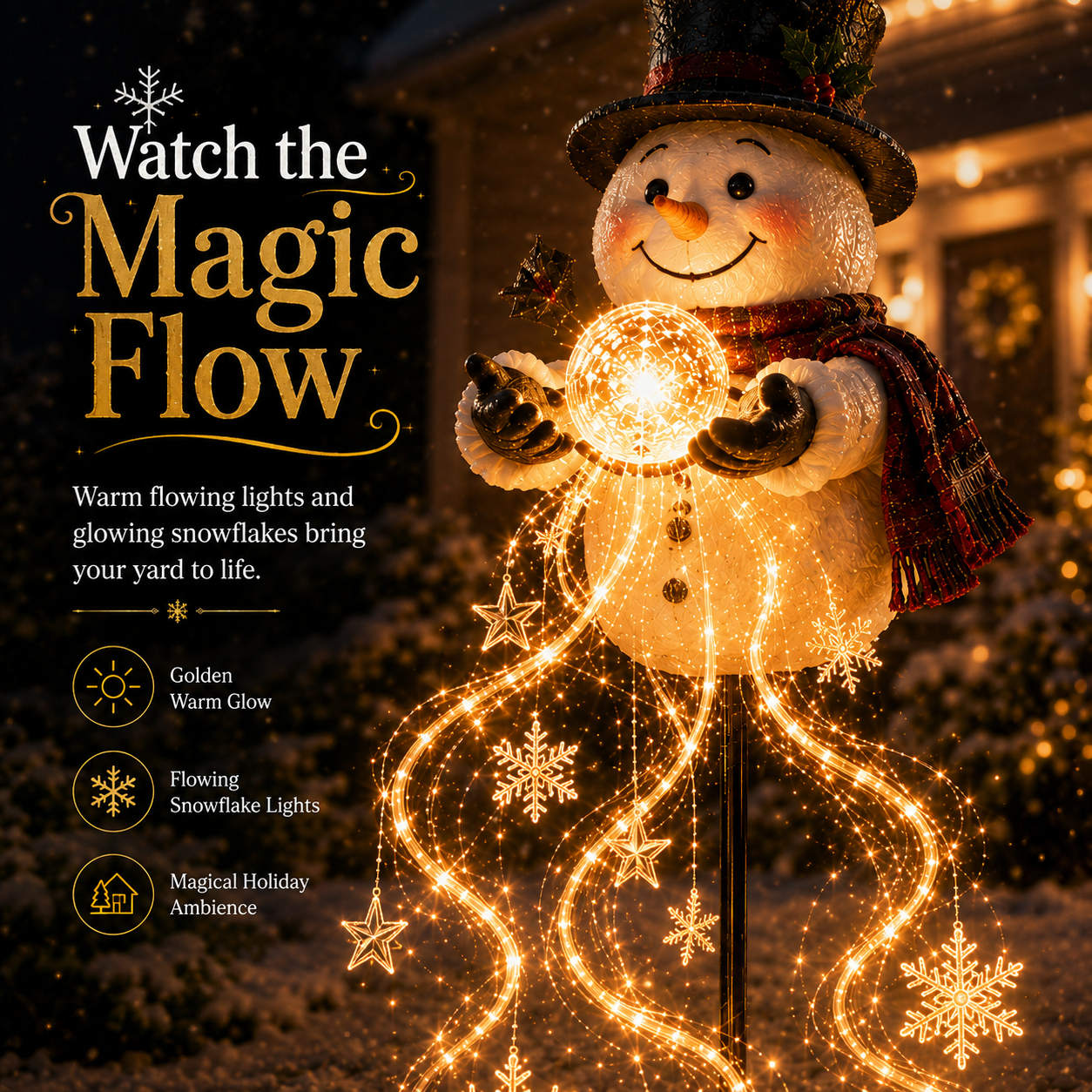 Warm flowing snowflake lights cascading from snowman magic orb