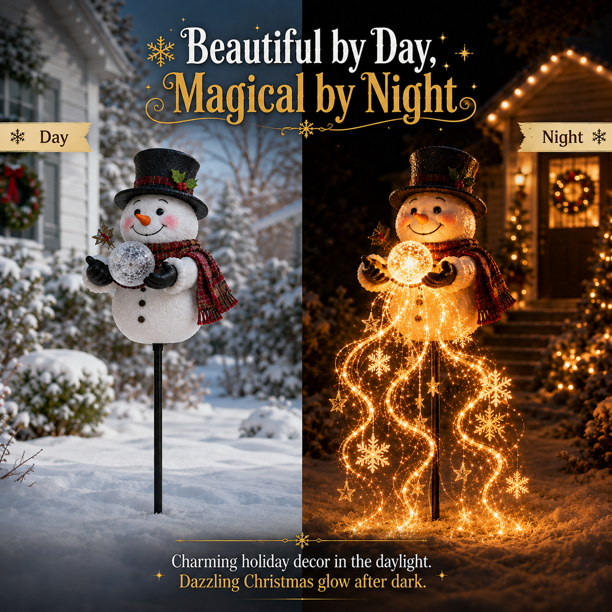 Snowman garden stake shown during the day and glowing at night
