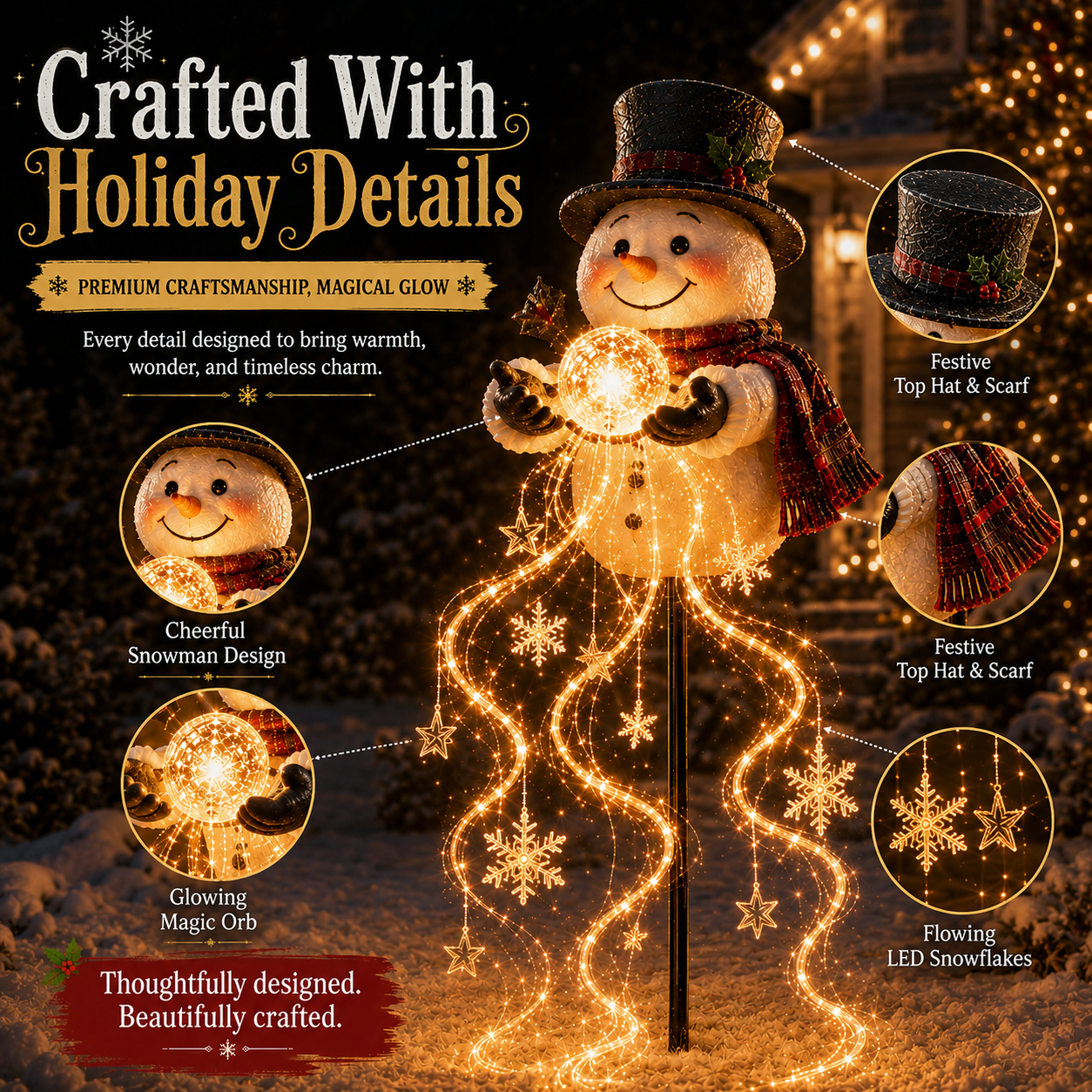 Snowman Christmas garden light detail view with hat scarf orb and snowflake lights