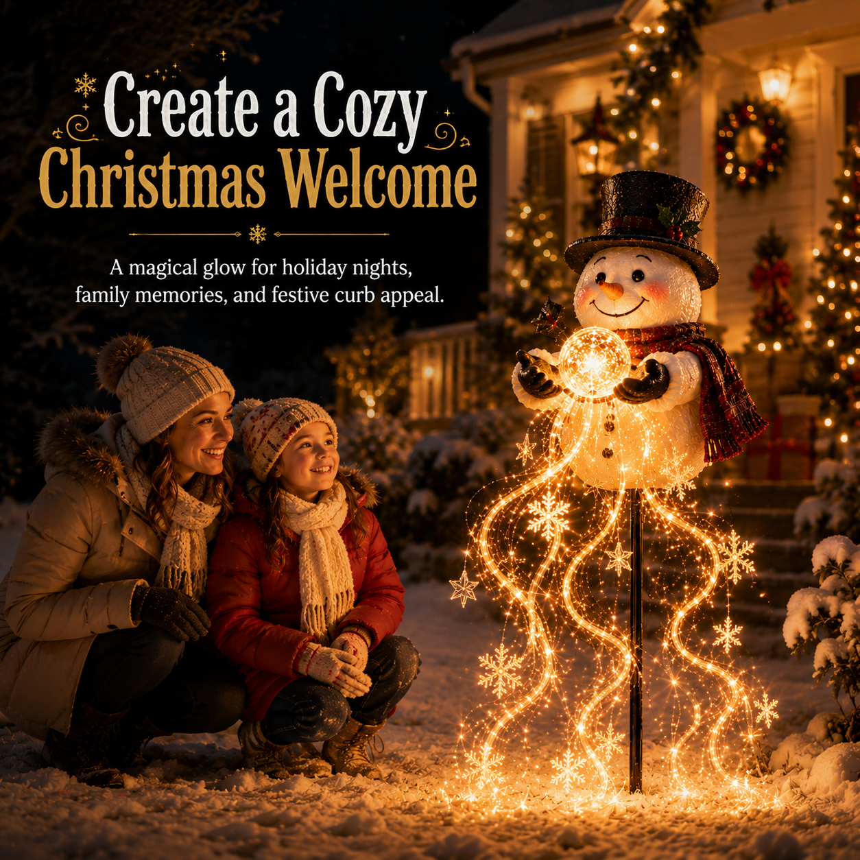 Snowman Christmas light beside a family in a snowy front yard