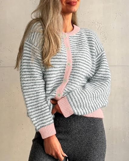 Grey striped cardigan styled with dark skirt