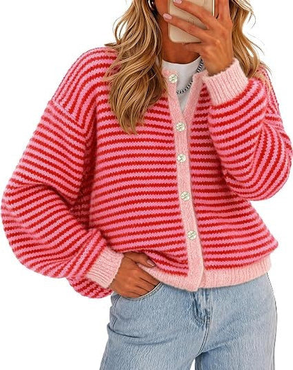 Women's Color-Block Striped Button-Front Knit Cardigan