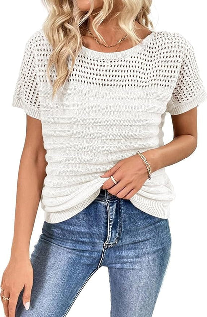 Women's Eyelet Hollow-Out Knit Short Sleeve Top 100% Cotton