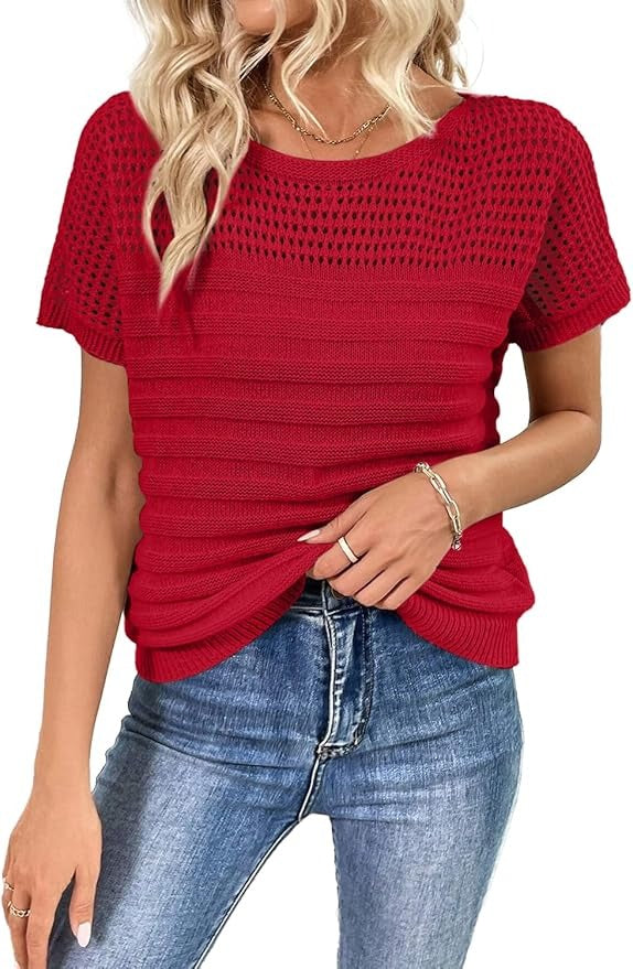 Women's Eyelet Hollow-Out Knit Short Sleeve Top 100% Cotton