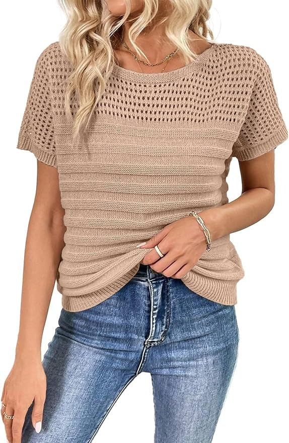 Women's Eyelet Hollow-Out Knit Short Sleeve Top 100% Cotton
