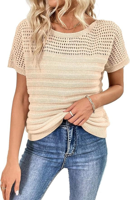 Women's Eyelet Hollow-Out Knit Short Sleeve Top 100% Cotton
